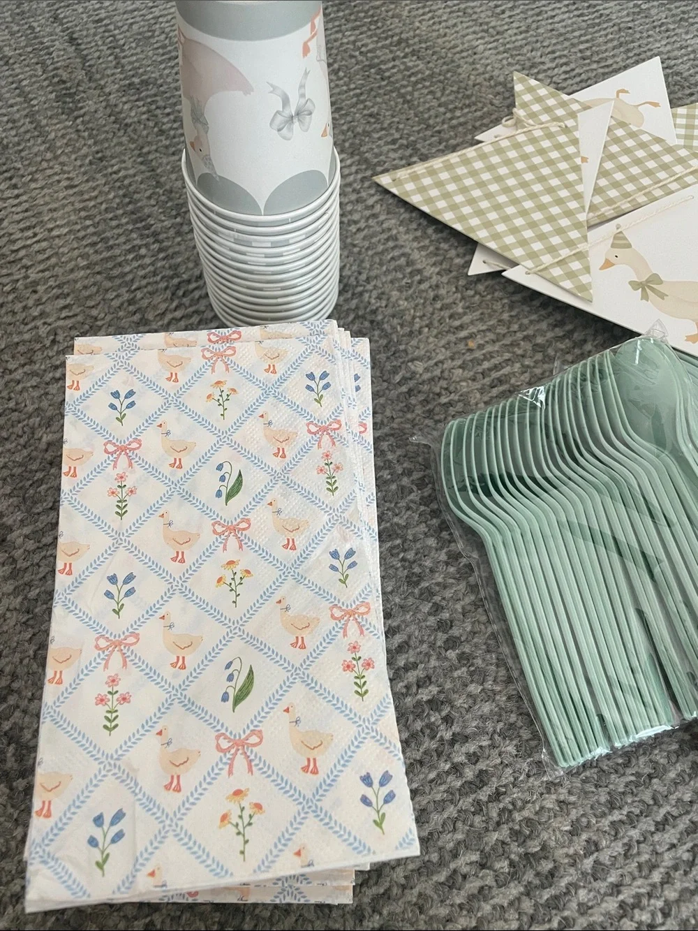 Pink Duck Party Paper Plates & Napkins in Sage Green